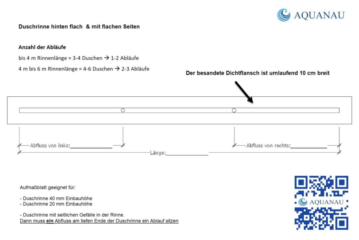 Aufmaßblatt für Duschrinne Aquanau