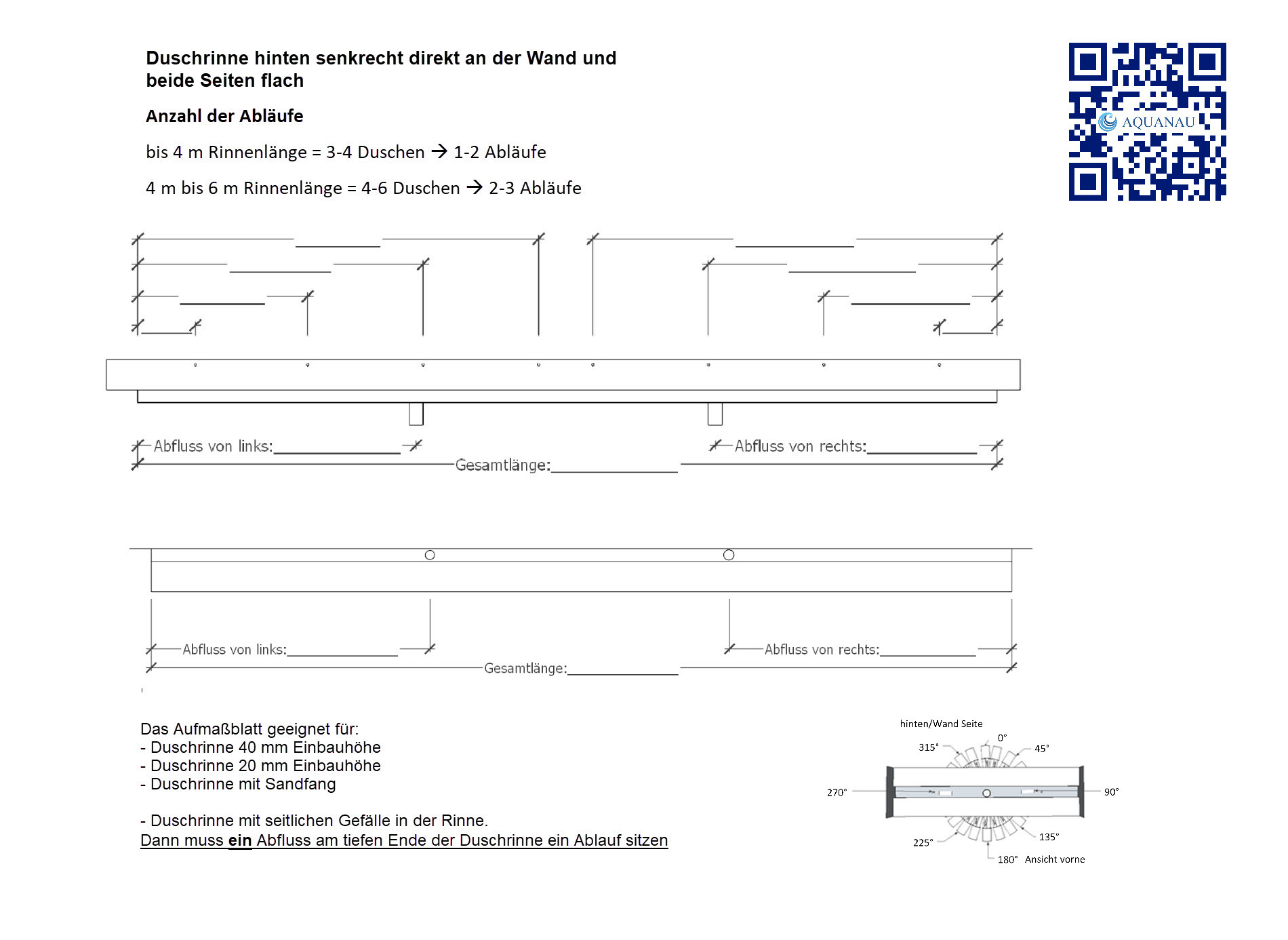 Duschrinnen Datenblatt